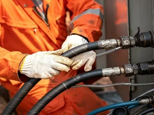 Techniker, der beim Umgang mit Hydraulikschläuchen Sicherheitshandschuhe und Schutzkleidung trägt